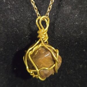 Hand Crafted Gold Chain and Brown Tiger Eye Stone Necklace